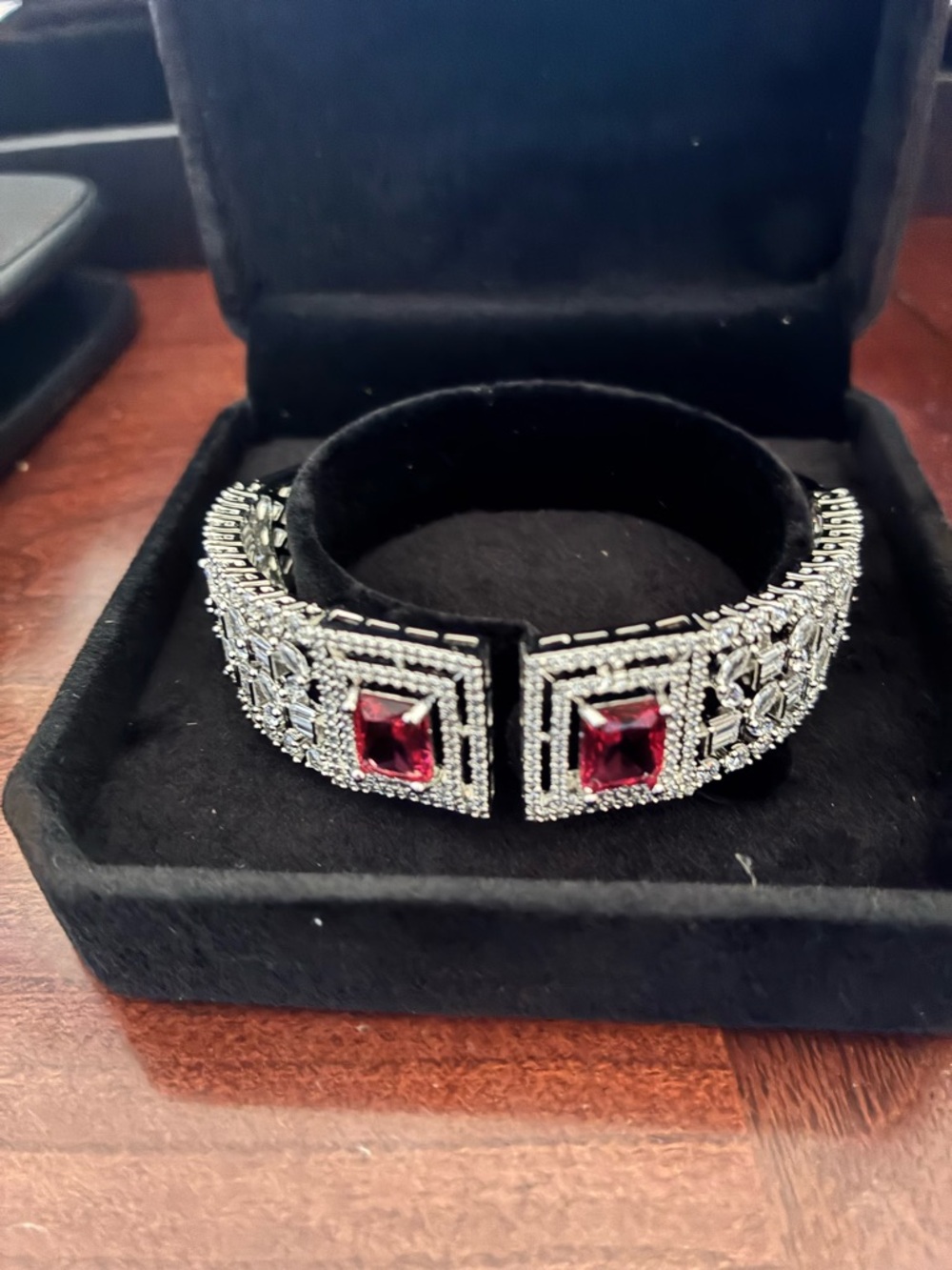 Vintage-Inspired Silver Bracelet with Red CZ Gem Accents